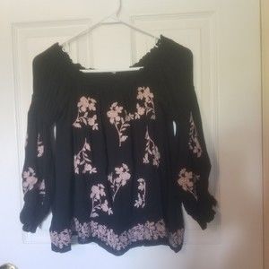 American Eagle Black Embroidered Pink Floral Off The Shoulder Boho Top Sz Small